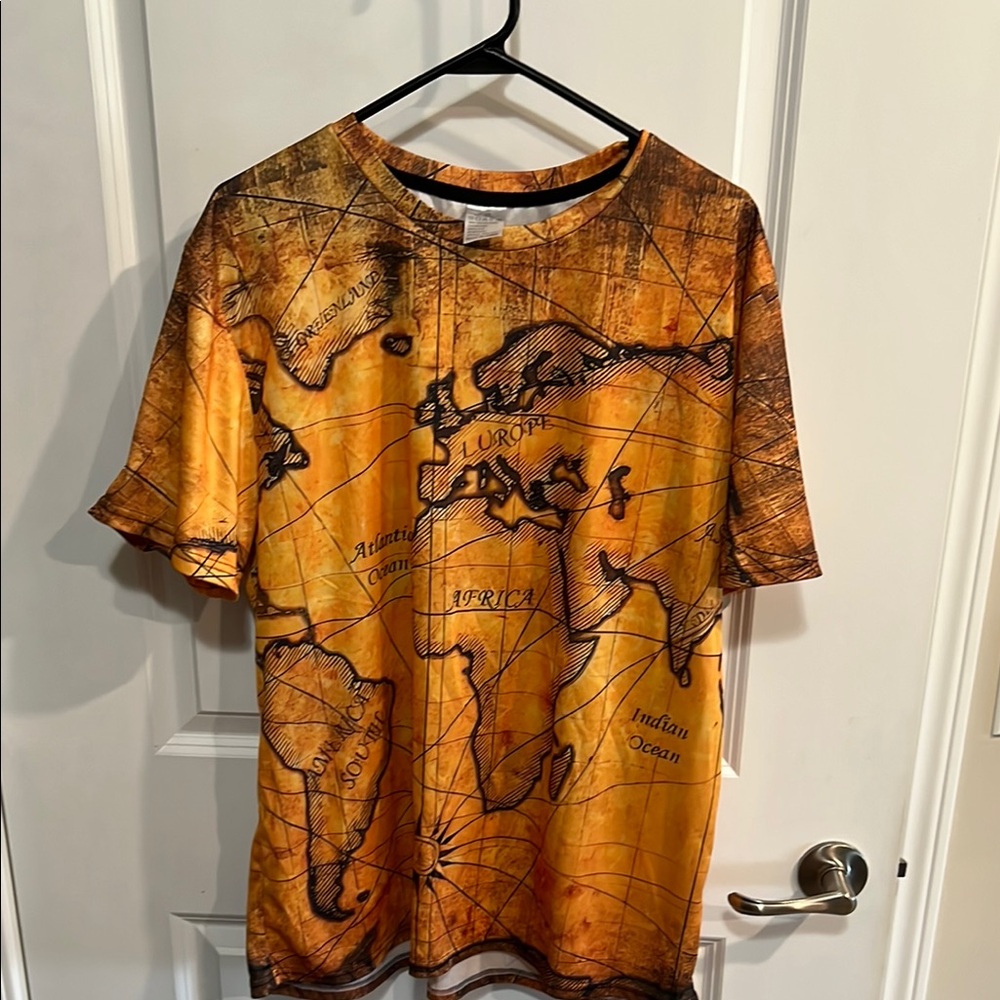 World Map Print Men's Short Sleeve Shirt - Orange and Brown